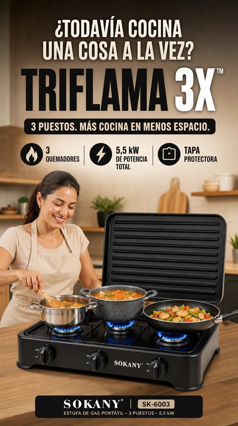Sokany Triflama 3X 🔥  Cocina más en menos tiempo y disfruta de mayor comodidad en cada preparación.