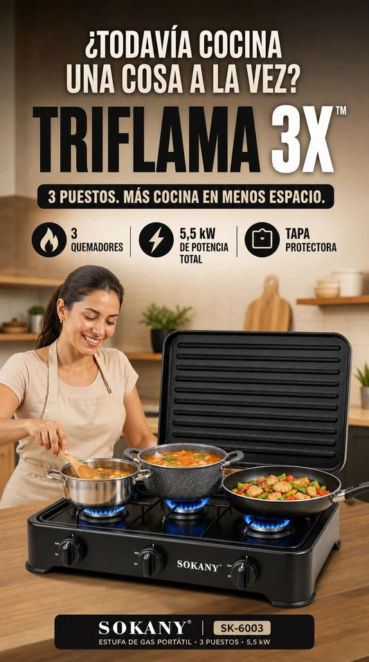 Sokany Triflama 3X 🔥  Cocina más en menos tiempo y disfruta de mayor comodidad en cada preparación.