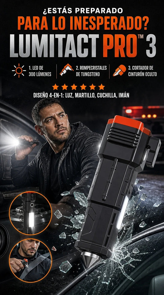 Lumitact Pro Rescue 300 - La única linterna táctica 4 en 1 con martillo de emergencia y cuchillo oculto que te salva el pellejo en carretera y apagones.