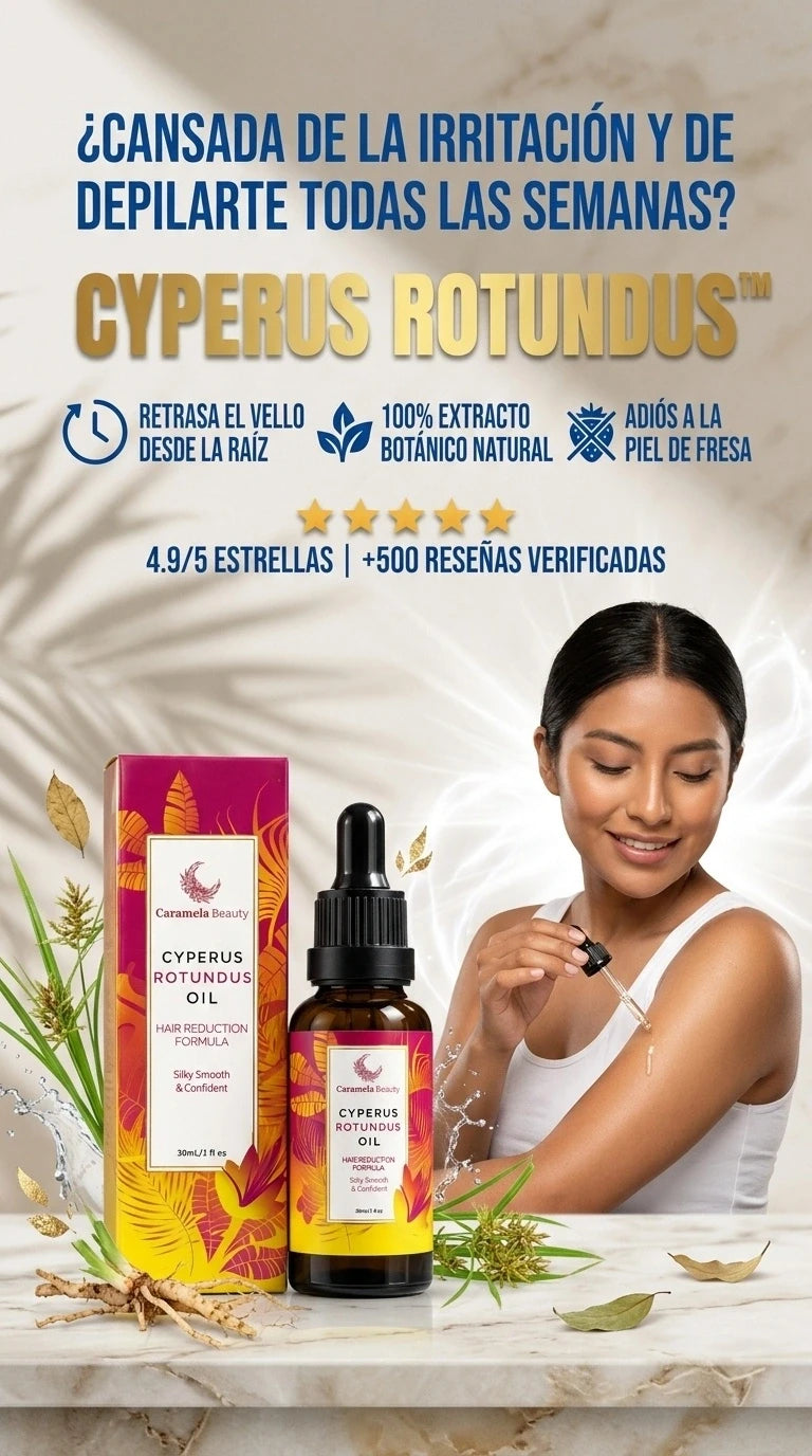 Aceite de Cyperus Rotundus que frena el crecimiento del vello desde la raíz para una piel eternamente lisa.