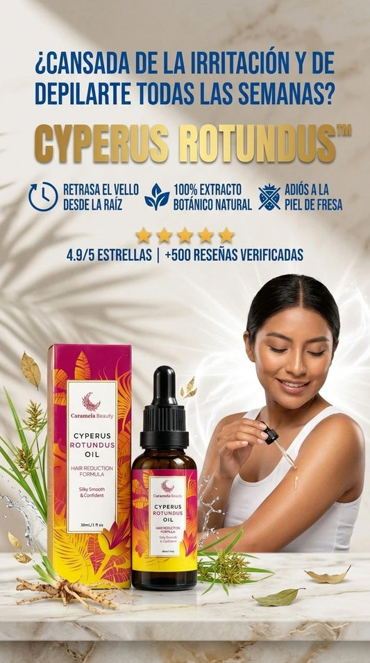 Aceite de Cyperus Rotundus que frena el crecimiento del vello desde la raíz para una piel eternamente lisa.