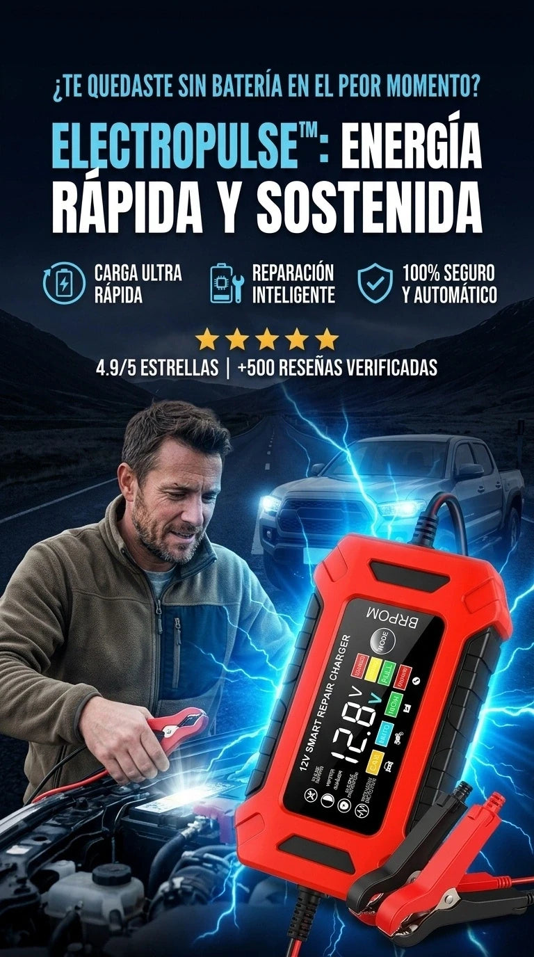 ElectroPulse BRPOM 12V + Beneficio: Revive baterías muertas en minutos y alarga su vida útil sin salir de casa.