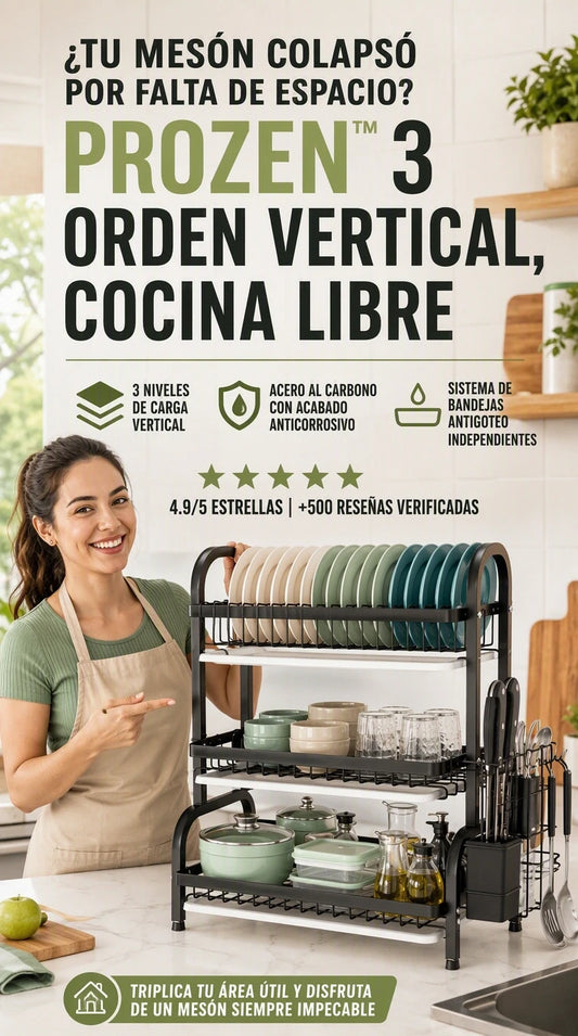 Estante ProZen 3 Niveles – Multiplica el espacio de tu cocina y seca tu vajilla en tiempo récord sin saturar la encimera.
