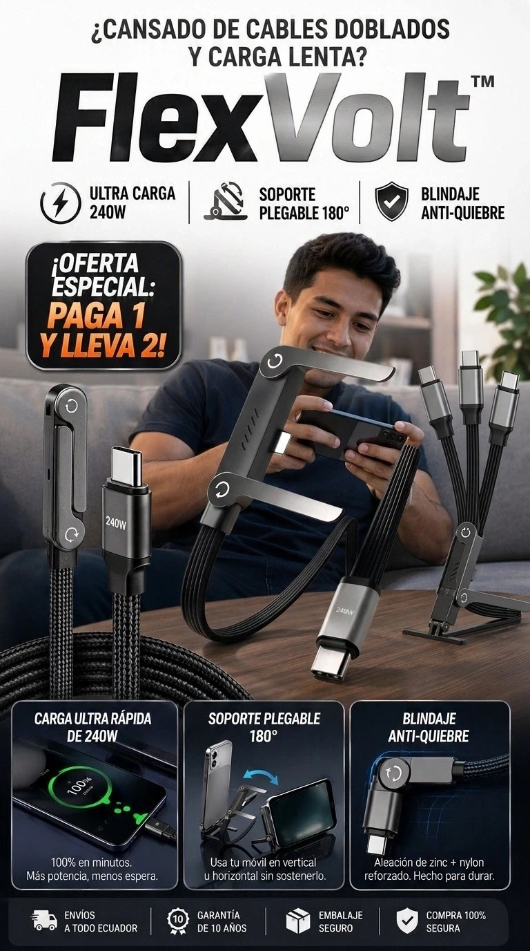 FlexVolt Stand 240W: Carga ultrarrápida de 240W con soporte plegable invisible para ver tus pelis o chatear sin enredos ni dolor de cuello.