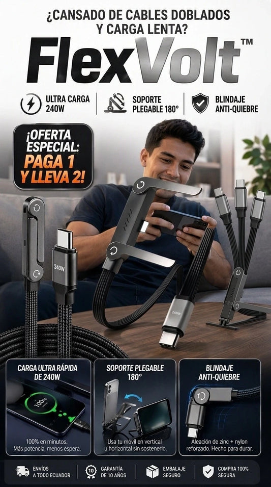 FlexVolt Stand 240W: Carga ultrarrápida de 240W con soporte plegable invisible para ver tus pelis o chatear sin enredos ni dolor de cuello.