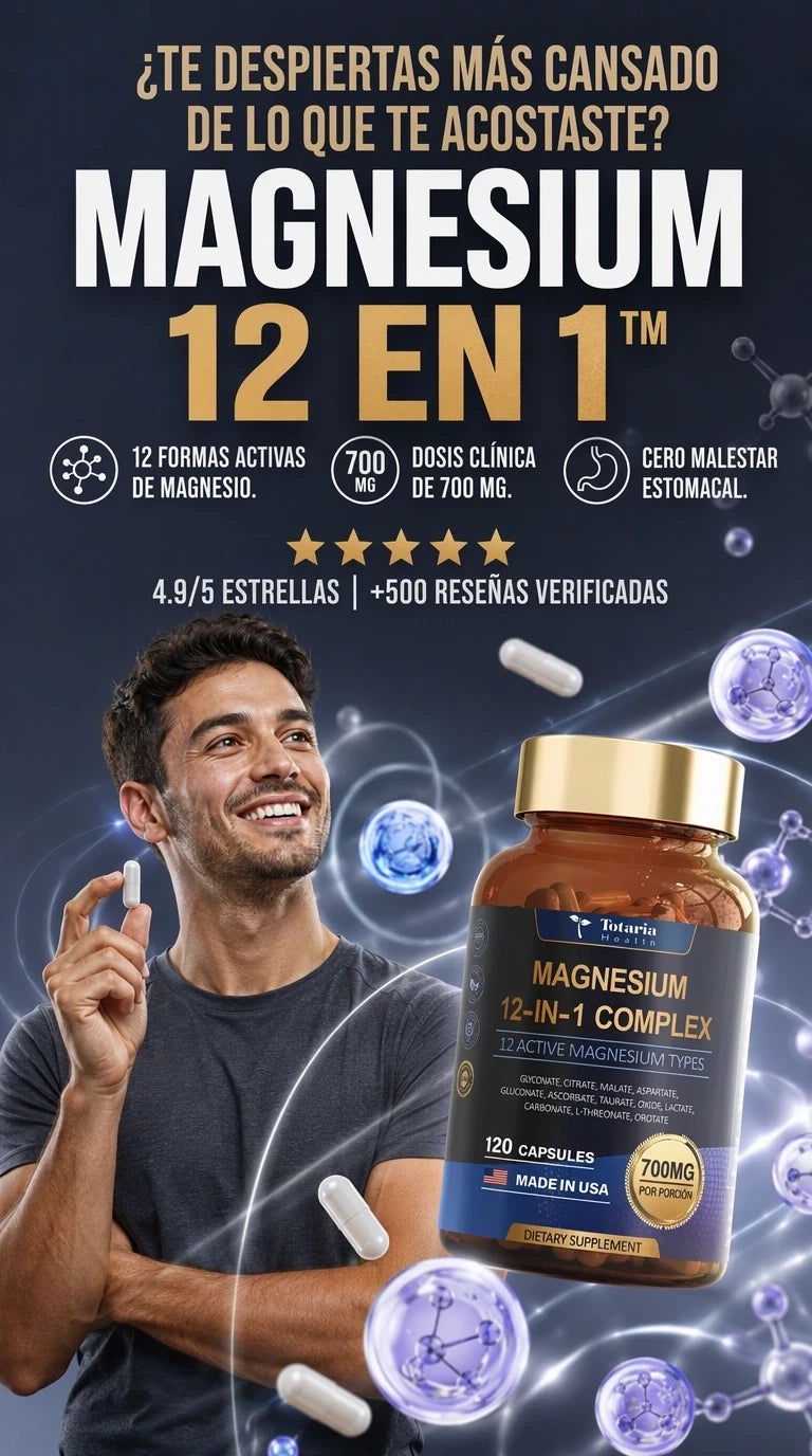 MagnaForm 12-in-1 Advanced Shield: 12 tipos de magnesio puro en una sola cápsula para despertar sin fatiga, relajar tus músculos al 100% y blindar tu energía diaria sin alterar tu estómago.