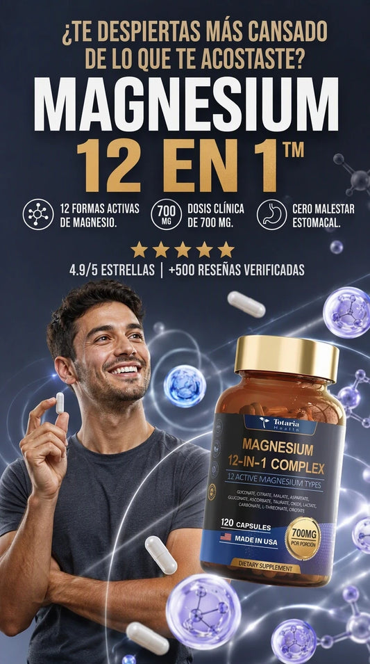 MagnaForm 12-in-1 Advanced Shield: 12 tipos de magnesio puro en una sola cápsula para despertar sin fatiga, relajar tus músculos al 100% y blindar tu energía diaria sin alterar tu estómago.