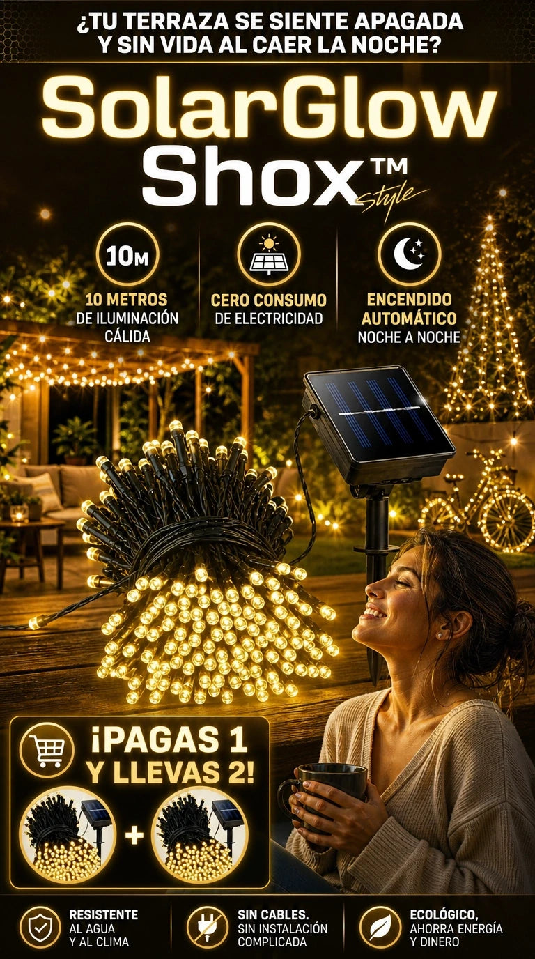SolarGlow Shox 10 Metros – Iluminación LED Cálida sin Cables ni Consumo Eléctrico con Carga Solar Automática