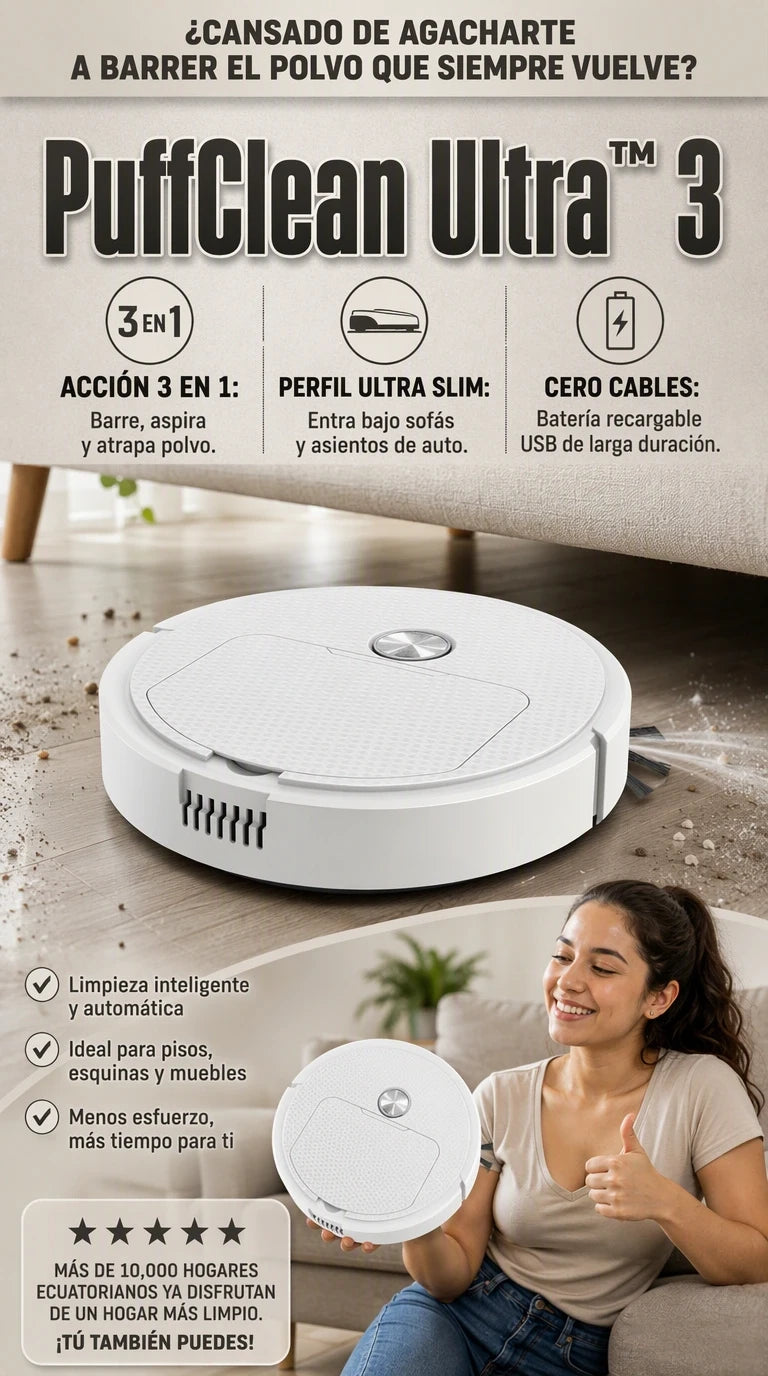 PuffClean Ultra 3 en 1: Adiós al polvo imposible en tu auto y hogar con su succión ciclónica inteligente.