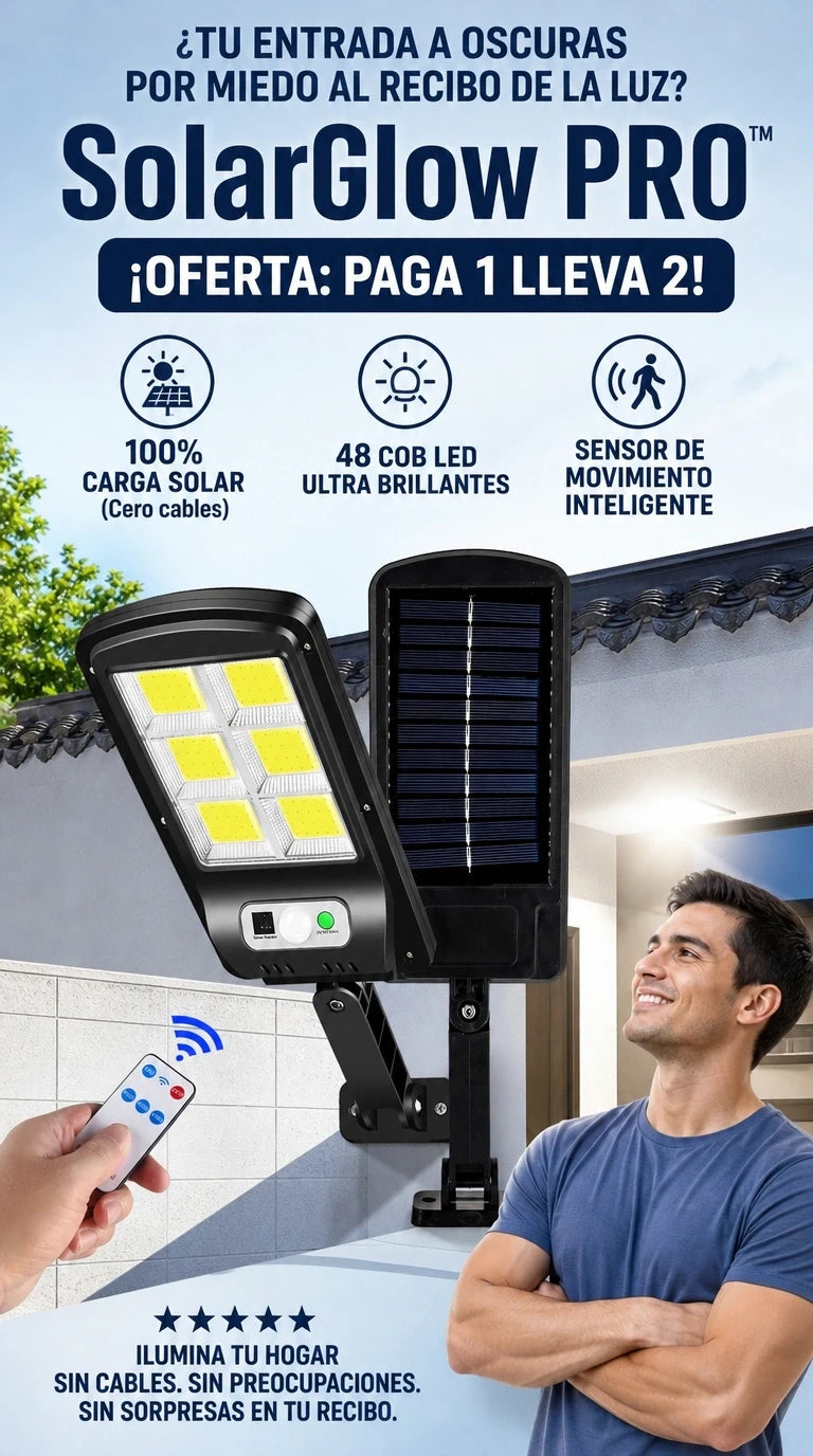 SolarGlow PRO 50W – Iluminación inteligente y seguridad total para tus espacios exteriores sin pagar un solo peso en la factura de luz.